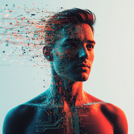 Portrait of a young man with futuristic face made of circuit boardの写真素材