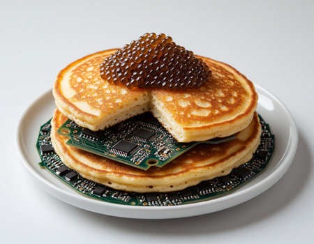 Stack of pancakes with honey on a white plate.