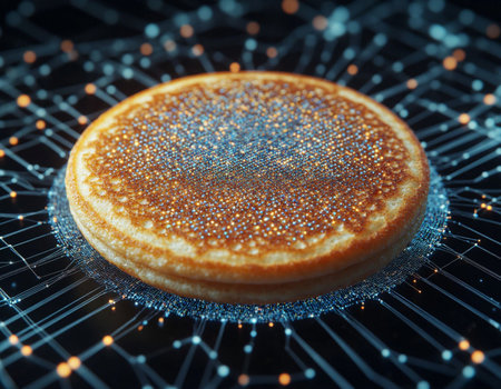 3d rendering of a pancake with particles on a dark background