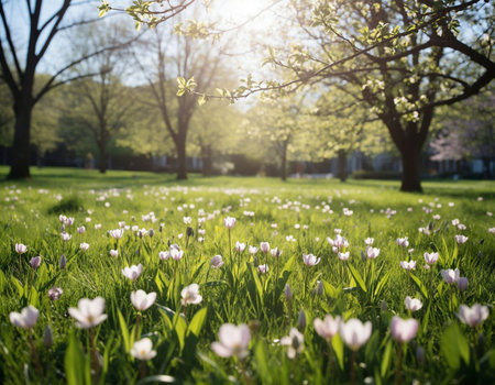 Spring meadow with blooming flowers and green grass under sunlight.の写真素材
