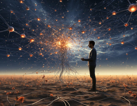 Conceptual image with man and connection lines. 3d renderingの写真素材