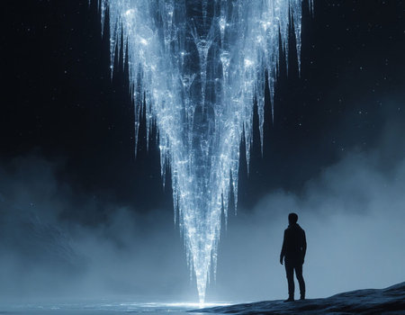 Silhouette of a man standing on the edge of a cliff and looking at the falling iceの写真素材