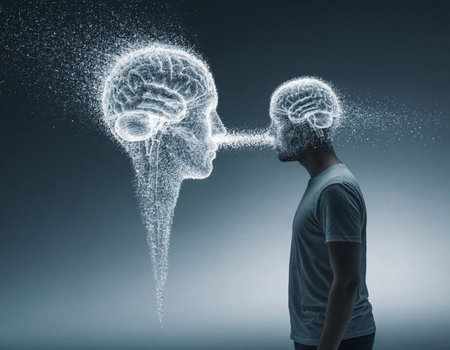 Young man with digital brain on dark background. Artificial intelligence concept. 3D Renderingの写真素材