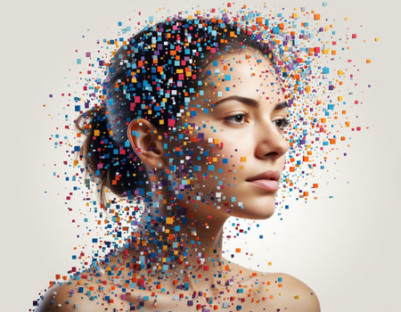 Portrait of beautiful young woman with creative make-up and colorful splashesの写真素材