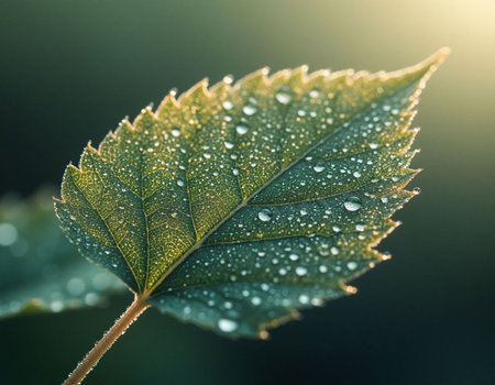 Green leaf with dew drops in the morning light. Nature background