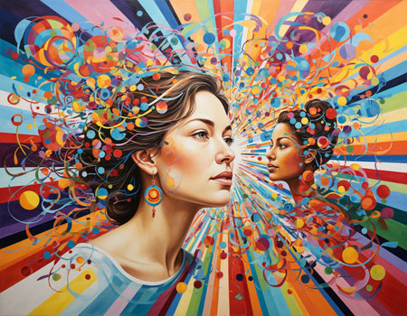 Portrait of a beautiful young woman with abstract colorful background. Double exposure.の写真素材