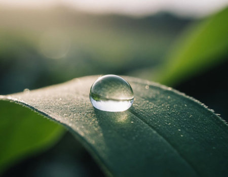 Water drop on a green leaf in the morning. Shallow depth of fieldの写真素材