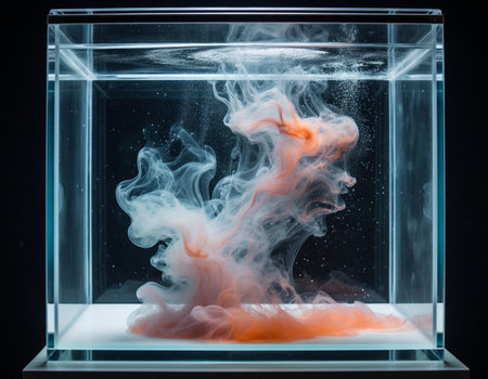 Colorful ink in water in a glass vase on a black backgroundの写真素材