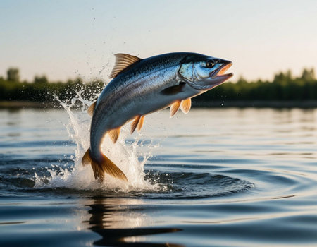 Rainbow trout jumping out of water on a sunny summer day.の写真素材