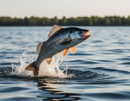 Freshwater rainbow trout fish jumping out of water on a lake.の写真素材