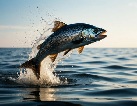 Salmon in the water of the sea on a background of blue skyの写真素材