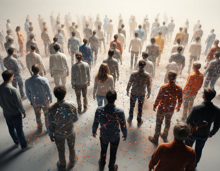 Large group of people standing in a row and looking at the camera