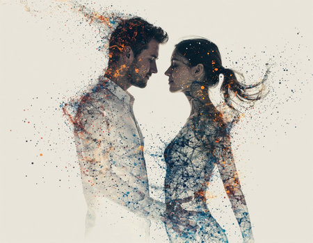 Double exposure of man and woman embracing each other and splashes of paint.