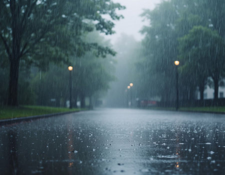 Rainy day at the street in the rainy season. Motion blur