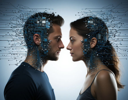 Portrait of young man and woman looking at each other. Technology concept