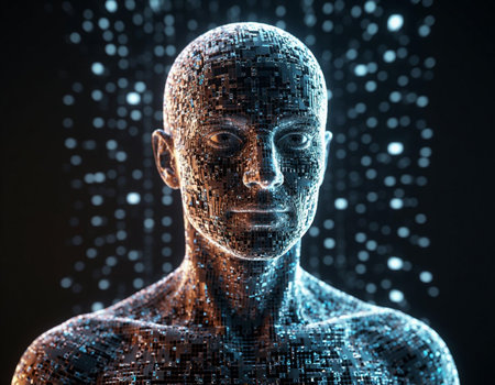 3d rendering of cyborg head with binary code on dark background
