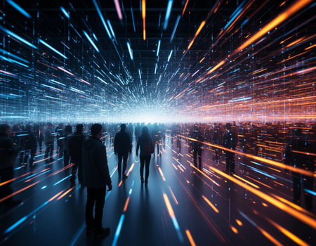 Silhouettes of people walking in a tunnel of glowing lights. 3D rendering
