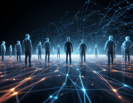 Global network connection between people on blue background. Technology concept. 3D Rendering
