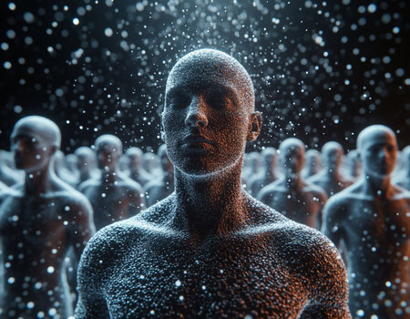 Digital composite of 3d man surrounded by people with snow
