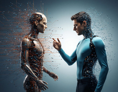 Cyborg man and woman looking at each other. Concept of artificial intelligence.の写真素材