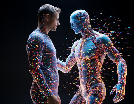 Cyborg and human man with digital hologram. 3d rendering