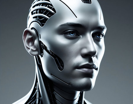 3d rendering of a female robot with artificial intelligence on gray backgroundの写真素材