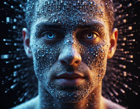 Futuristic cyborg face with digital particles. 3D renderingの写真素材