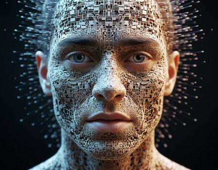 3D rendering of a cyborg face with digital binary code.