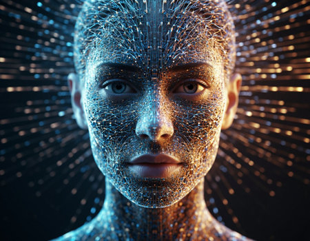 3d rendering of cyborg face with digital particles on black background