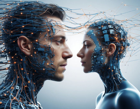 Man and woman in cyberspace. Concept of virtual reality.