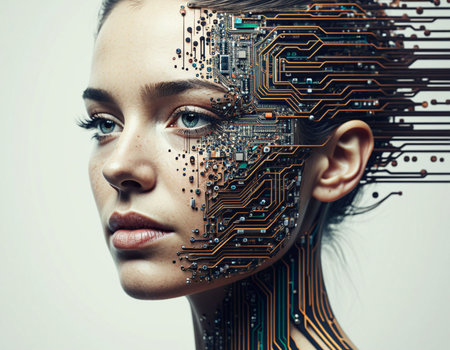 Close up portrait of young woman with circuit board. Technology concept.