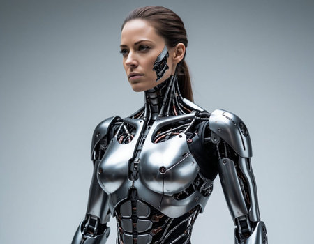 Cyborg woman with artificial intelligence on gray background. 3d rendering