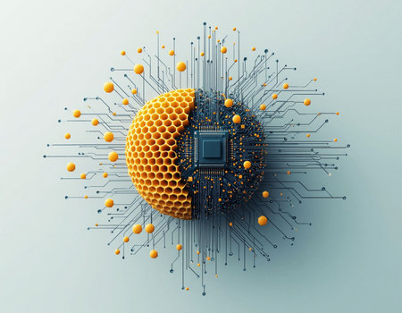 Circuit board with yellow sphere. Technology concept. 3D rendering