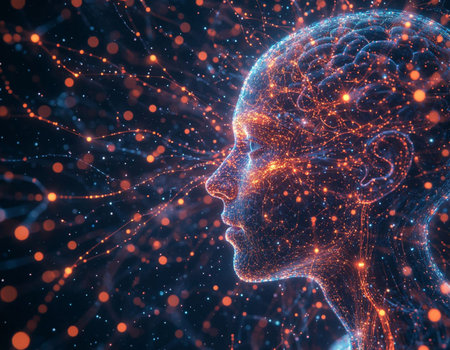 Human head with glowing particles. Artificial intelligence concept. 3D Rendering