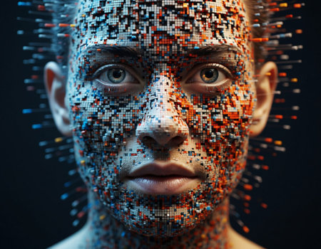 Futuristic face of a man made of digital code. 3d rendering