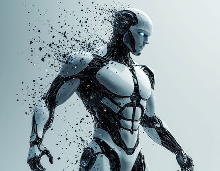 Cyborg woman with broken glass. Artificial intelligence concept. 3D Rendering