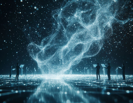 Business people in abstract space with glowing lights. 3D Rendering