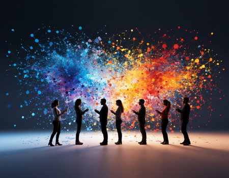 Silhouettes of business people standing in front of colorful explosion concept