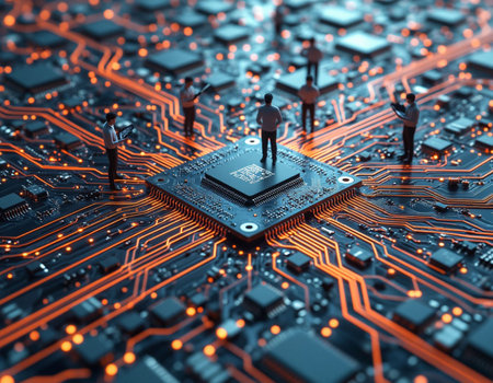 Circuit board with microchips and 3d people. 3d rendering