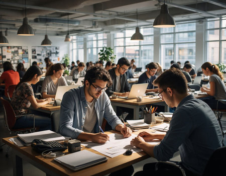 Group of young people working and communicating together in the office.