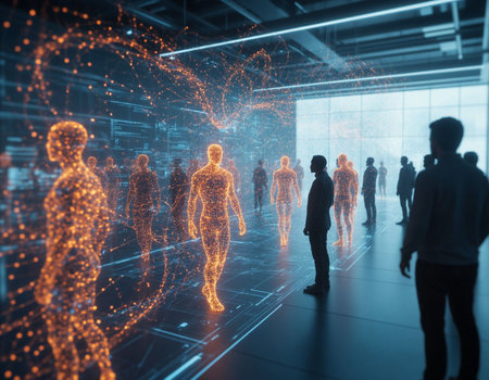 Silhouettes of people with abstract glowing network hologram. Technology concept. 3D Rendering