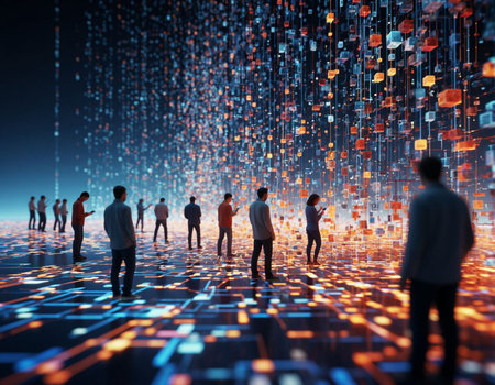 Business people in front of a binary code background. 3d rendering