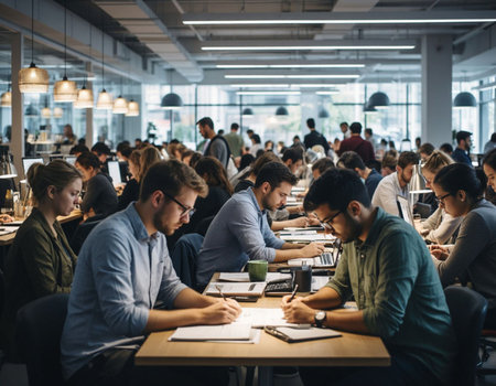Group of young business people working together in a modern coworking space