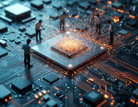 Close up view of modern computer processor with microcircuits. 3D rendering