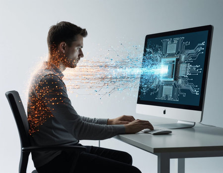 Young man sitting at desk and working on computer. Digital technology concept