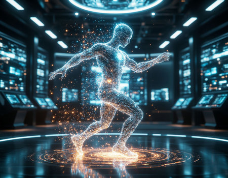 3D rendering of a wireframe human running in a dark room
