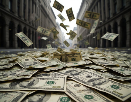 Dollar banknotes flying in the air in a city street.