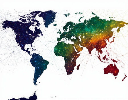 World map with colorful space and stars. Global network communication concept.