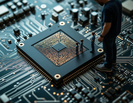 Miniature people standing on microchip of computer. Technology and engineering concept.
