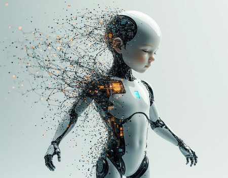 3d rendering of a female robot with connecting dots and lines.
